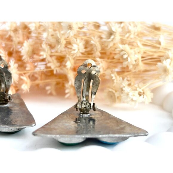 XL Hammered Pewter Turquoise & Coral Vintage Large Statement Earrings - Picture 7 of 10